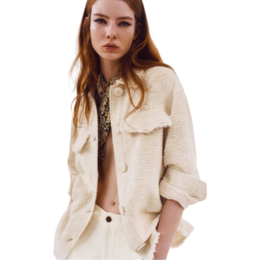 Zara Boho Lagenlook Grunge Tweed Fringe Oversized Button Down Shacket Sz S